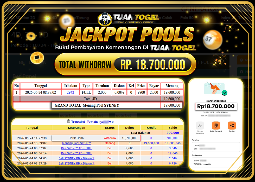 TUANTOGEL JACKPOT TOGEL SYDNEY Rp 18.700.000,- LUNAS  